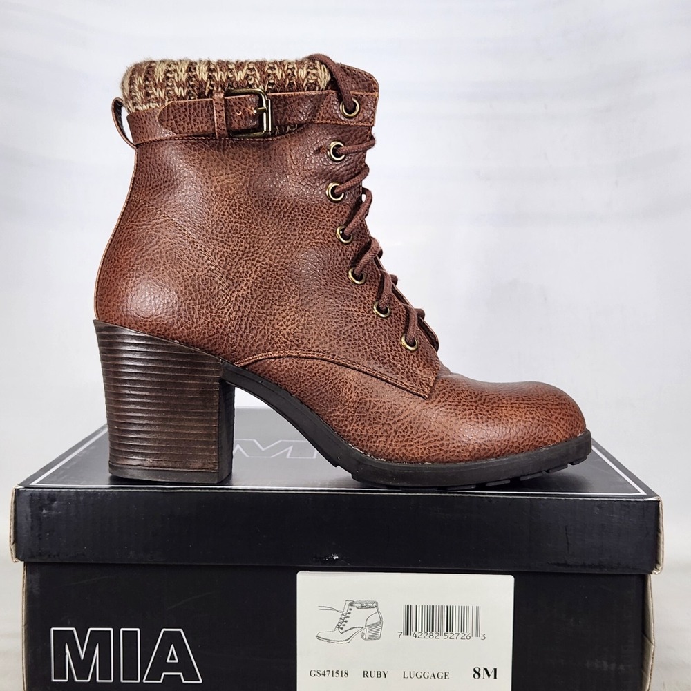 MIA Ruby Ankle Boots Women Size 8 Luggage Brown Lace Up Knit Collar Block Heel